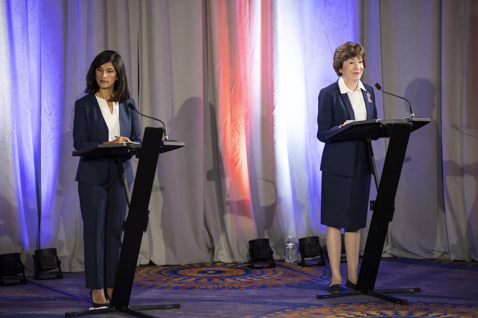 Maine House Speaker Sara Gideon, left, and incumbent Sen. Susan Collins at a debate on Sept. 11, 2020 in Portland, Maine. (Brianna Soukup / Portland Press Herald via AP)