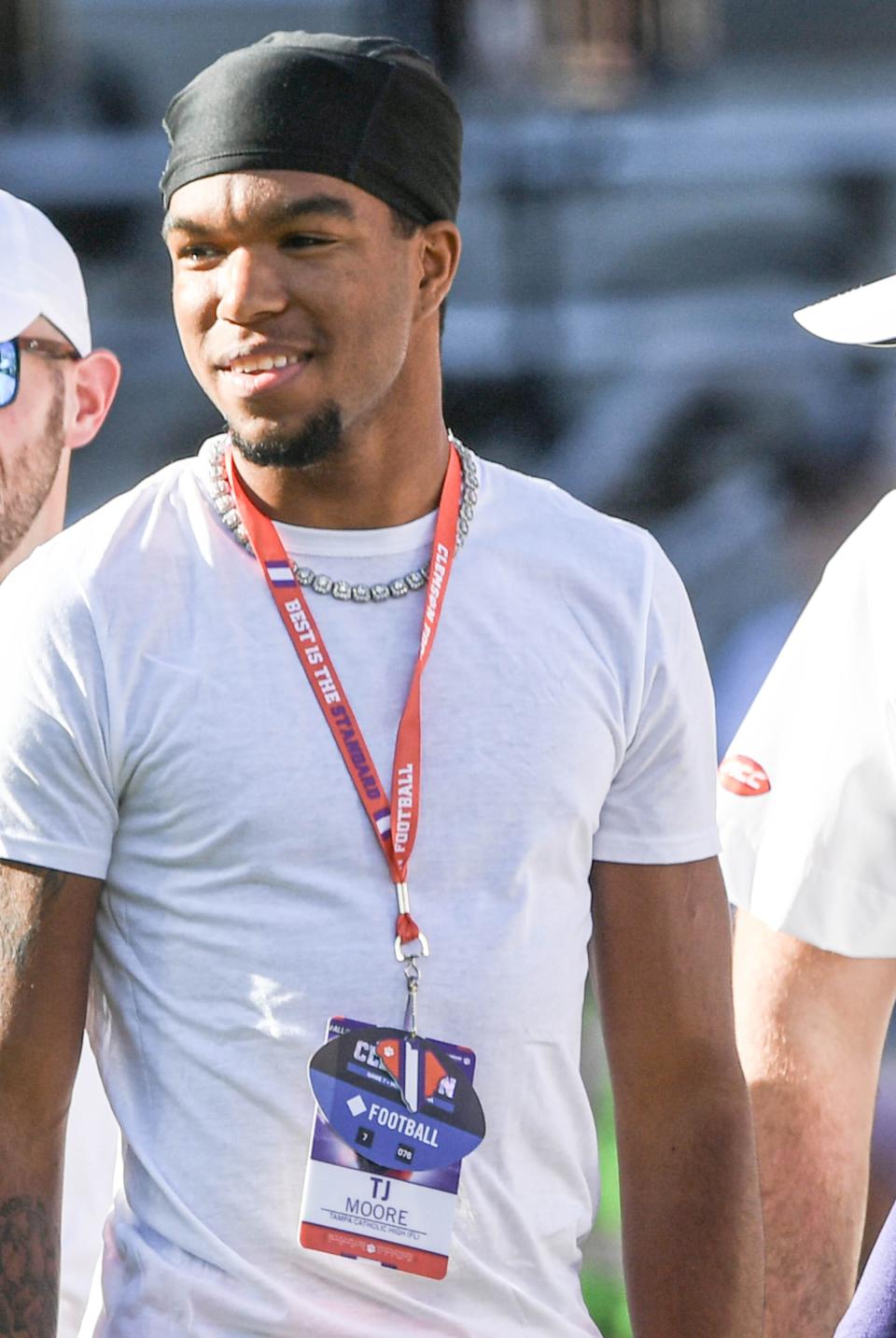 Recruit TJ Moore, 2024 wide receiver from Tampa Catholic High in Florida, before kickoff of Clemson and UNC Nov 18, 2023; Clemson, South Carolina, USA; at Memorial Stadium.