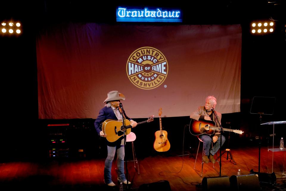 Dwight Yoakam and Chris Hillman perform Wednesday during the Country Music Hall of Fame and Museum's announcement of the new exhibition "Western Edge: The Roots and Reverberations of Los Angeles Country-Rock" at the Troubadour in West Hollywood. The exhibition will open on Sept. 20.