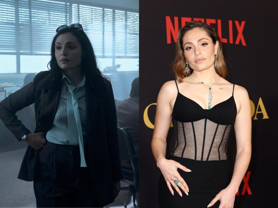 left: june hawkins, wearing a collared striped shirt and pantsuit, sunglasses on top of her head; right: juliana alden martinez in a form fitting black dress with a sheer mesh midriff, posing on a red carpet