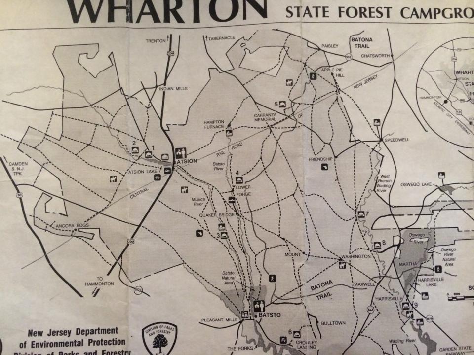 A one-page road map of Wharton State Forest, produced by the NJ DEP, that doesn't indicate sensitive or environmentally damaged areas.