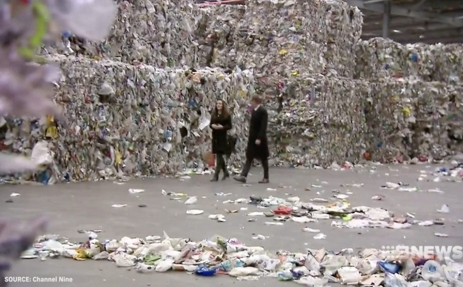 Towers of garbage at a warehouse in Derrimut. The recyclables were left behind by SKM Recycling after it went into liquidation.