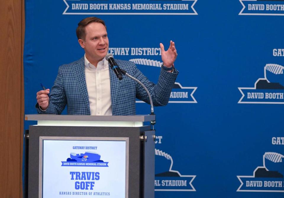 Travis Goff, KU athletic director, addressed the crowd as the University of Kansas and Kansas Athletics revealed plans Wednesday, Aug. 15, 2023, for renovations to David Booth Kansas Memorial Stadium and a campus Gateway Project in Lawrence.