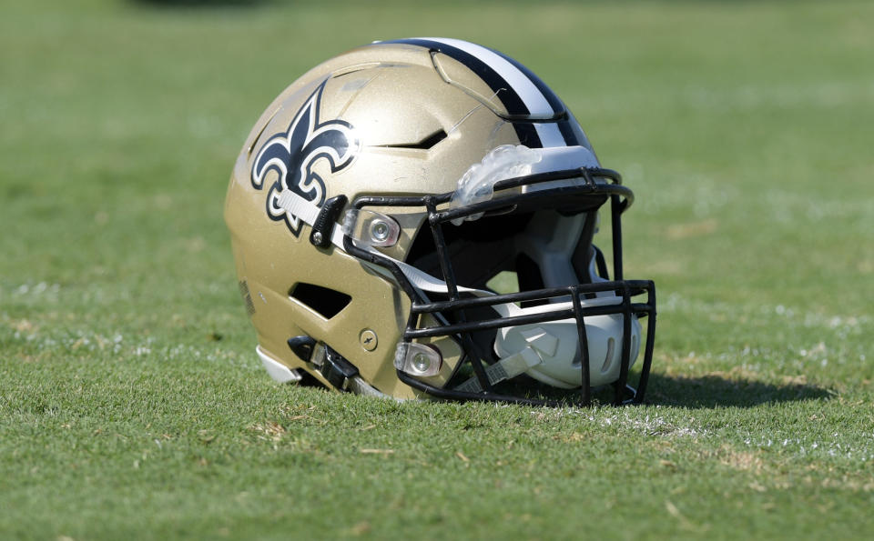 Aug 23, 2018; Costa Mesa, CA, USA: Detailed view of New Orleans Saints helmets during joint practice against the Los Angeles Chargers at the Jack. R. Hammett Sports Complex. Mandatory Credit: Kirby Lee-USA TODAY Sports