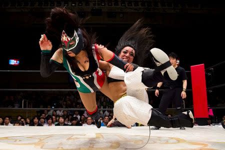 Wrestlers Kris Wolf and Starfire fight during their Stardom professional wrestling show at Korakuen Hall in Tokyo, Japan, July 26, 2015. REUTERS/Thomas Peter