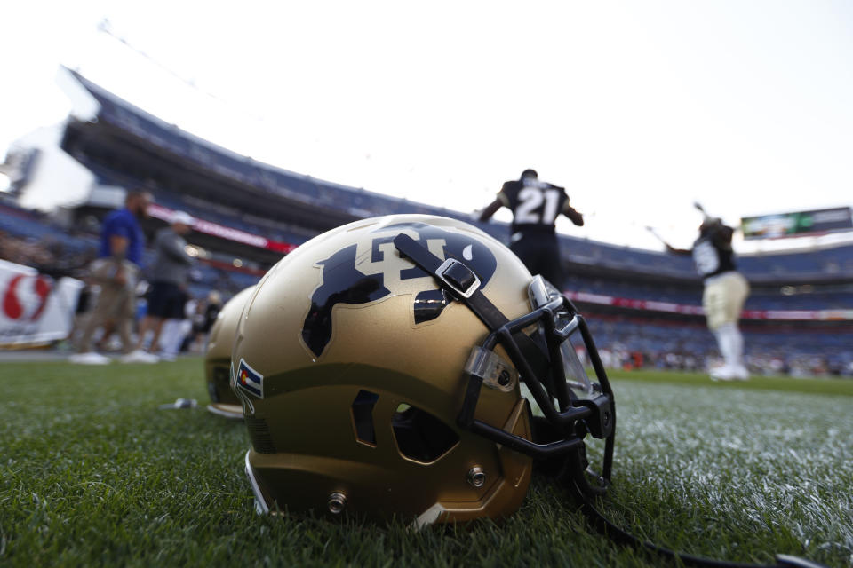 Colorado Buffaloes helmet in the end zone in the first half of an NCAA college football game Friday, Sept. 1, 2017, in Denver. (AP Photo/David Zalubowski)