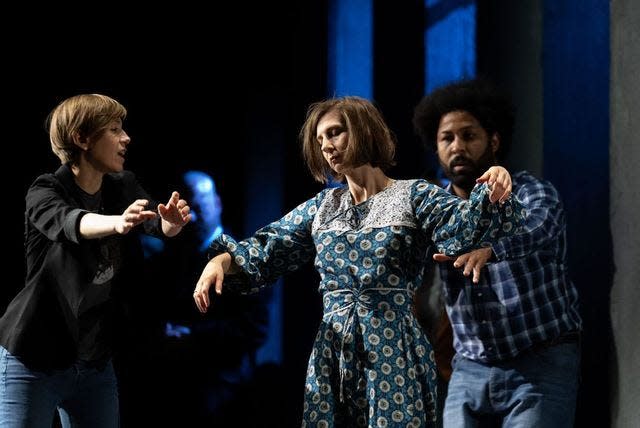 Director Diana Wyenn, left, with Kiera Duffy and Benjamin Taylor during a rehearsal for "Breaking the Waves."