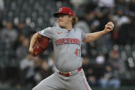 Cincinnati Reds starter Andrew Abbott delivers a pitch during the first inning of a baseball game against the Chicago White Sox, Friday, April 12, 2024, in Chicago. (AP Photo/Paul Beaty)