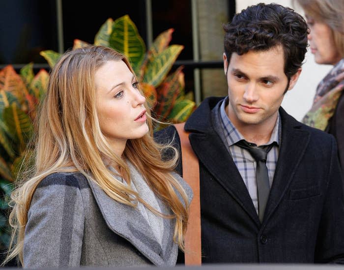 Blake Lively and Penn Badgley on the set of "Gossip Girl"
