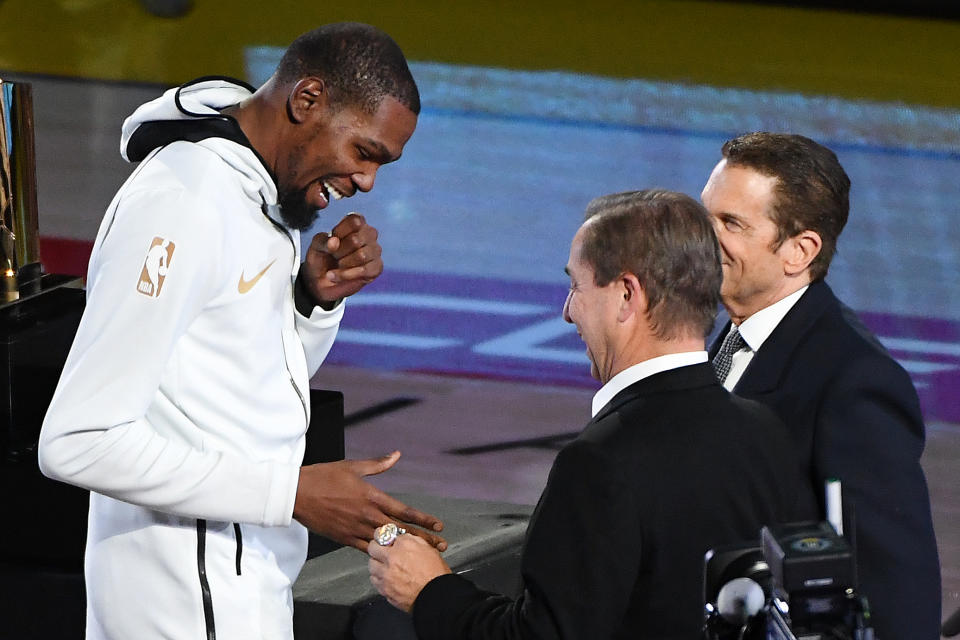 Kevin Durant was the last Warriors player to receive his championship ring Tuesday night. (Getty)