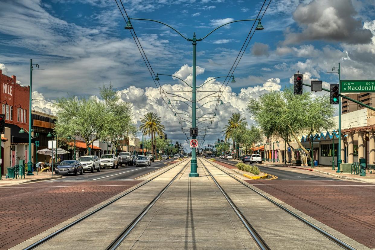 Light rail tracks in downtown Mesa, Arizona.