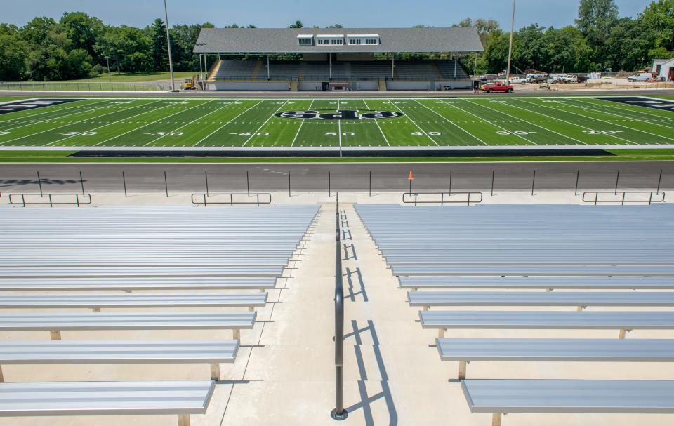 New concrete bleachers fill the hillside on the visitors side of Peoria Stadium, replacing the original concrete seating that had been crumbling for years.