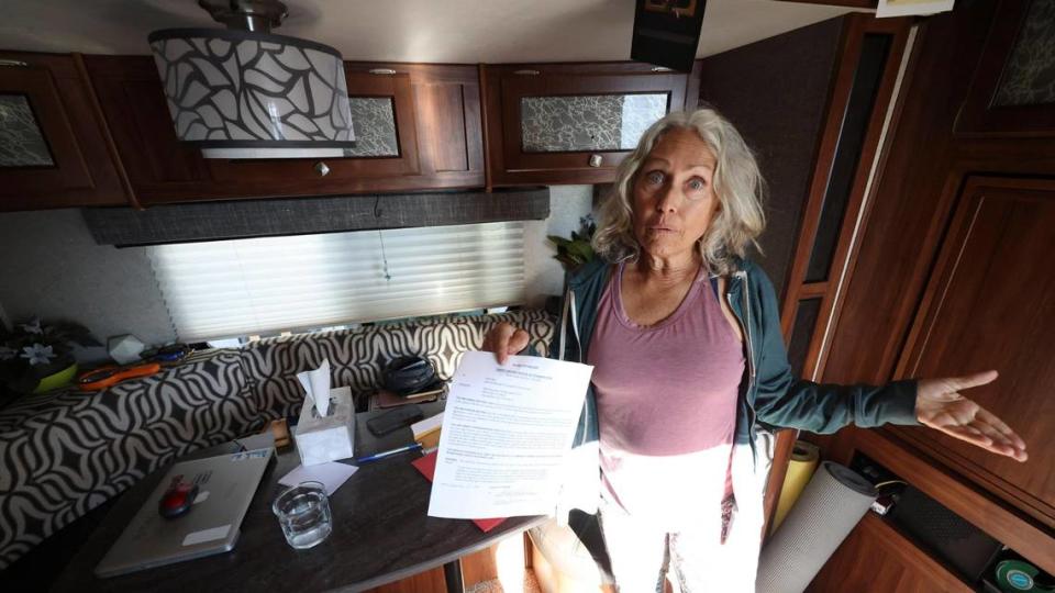 Carol Ellis moved to the Silver City Resort mobile home park with a new trailer in Morro Bay, as seen Dec. 5, 2023. She had to find a new home after a notice of non-renewal.