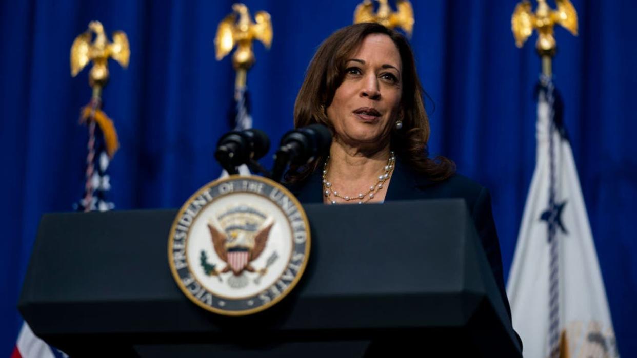 <div>Vice President Kamala Harris delivers remarks following a visit with expecting families and caregivers at UCSF Mission Bay on April 21, 2022 in San Francisco, CA. (Kent Nishimura / Los Angeles Times via Getty Images)</div>