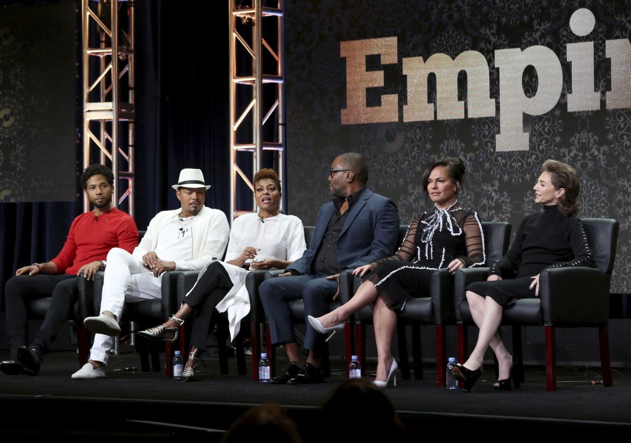 In this Aug. 8, 2017 file photo, from left, Jussie Smollett, Terrence Howard, Taraji P. Henson, Lee Daniels, Sanaa Hamri and Ilene Chaiken participate in the "Empire" panel during the FOX Television Critics Association Summer Press Tour at the Beverly Hilton in Beverly Hills, Calif. Smollett, an actor on the TV series "Empire," is also an R&B; musician who performed Saturday night, Feb. 2, 2019, at a concert in Los Angeles. Smollett, who is openly gay, says two masked men attacked him early Jan. 29, 2019, in Chicago, Ill. in what police are investigating as a possible hate crime.