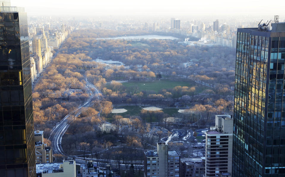 A view of midtown Central Park is shown from a hotel room on the 62nd floor of the Courtyard-Residence Inn Central Park, Wednesday, Jan. 8, 2014 in New York. The Council on Tall Buildings and Urban Habitat in Illinois, which compiles lists of tall buildings, is listing the building as the tallest hotel in North America. (AP Photo/Mark Lennihan)