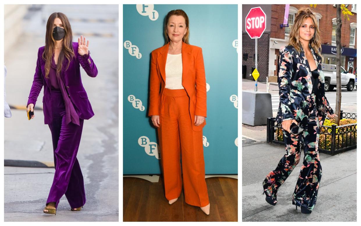 Sandra Bullock, Lesley Manville and Halle Berry wearing ‘super suits’ in November 2021 - Getty Images