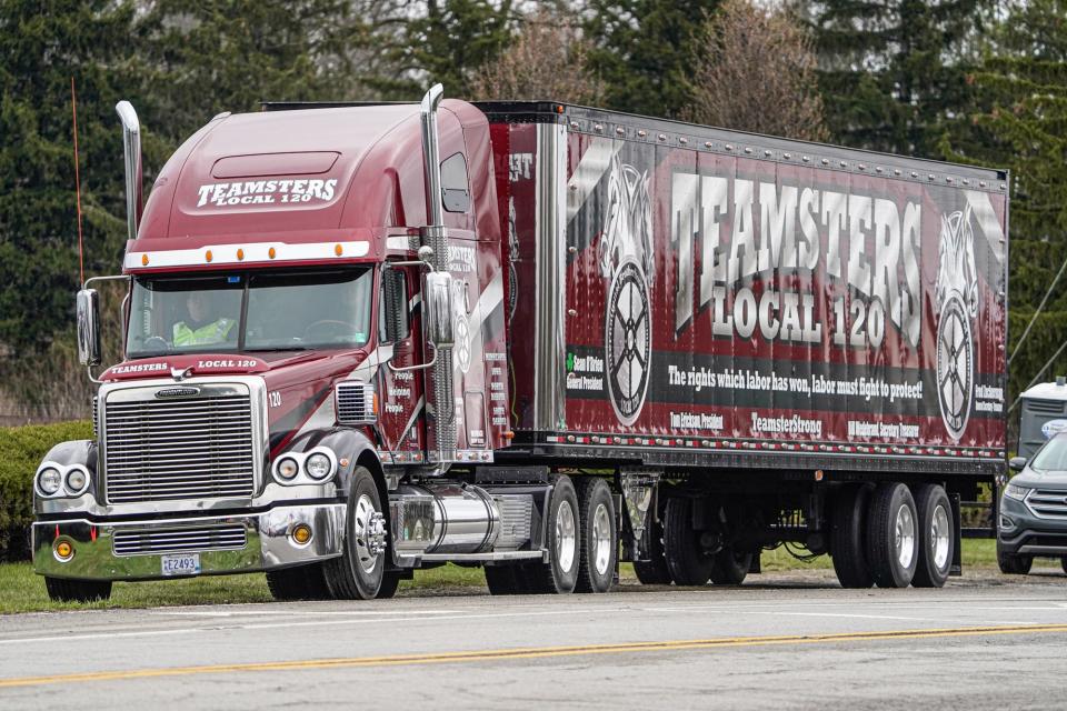 A Teamsters Local 130 truck was on hand to support local union workers as members, including warehouse workers and truckers, picketed after they failed to reach an agreement with Sysco in Indianapolis over insurance and other benefits during contract negotiations on Monday, March 27, 2023. 