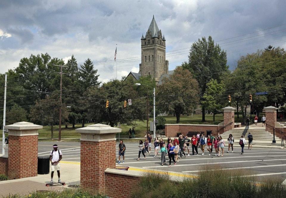 Students changing classes at Ohio Wesleyan University in 2023.