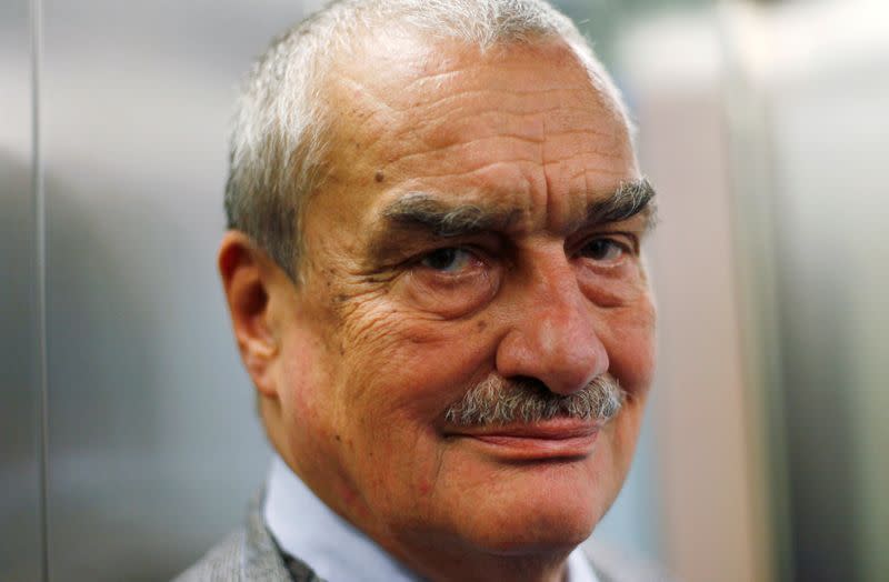 FILE PHOTO: Chairman of the TOP09 political party Schwarzenberg stands in a lift as he arrives to take a part in Reuters Summit in Prague
