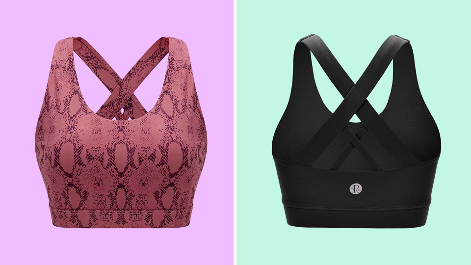 A thick-strap, cross back sports bra for working out.