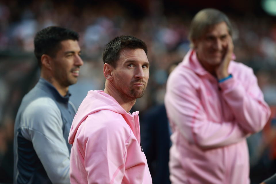 HONG KONG, CHINA - FEBRUARY 4: Lionel Messi of Inter Miami CF reacts during the preseason friendly match between Hong Kong Team and Inter Miami at Hong Kong Stadium on February 4, 2024 in Hong Kong, China. (Photo by Thomas Tang/Eurasia Sport Images/Getty Images)