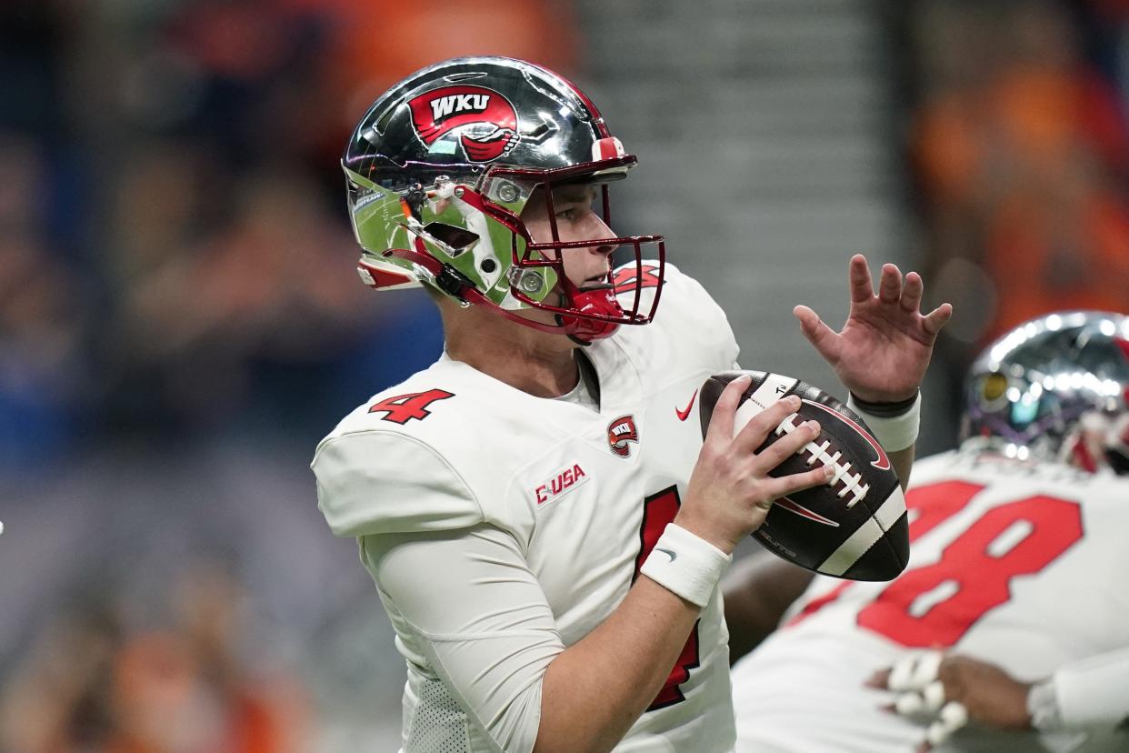 Western Kentucky quarterback Bailey Zappe, looking to pass against  UTSA during the Conference USA championship game on Friday in San Antonio, needs four TD passes to tie Joe Burrow's single-season NCAA mark.