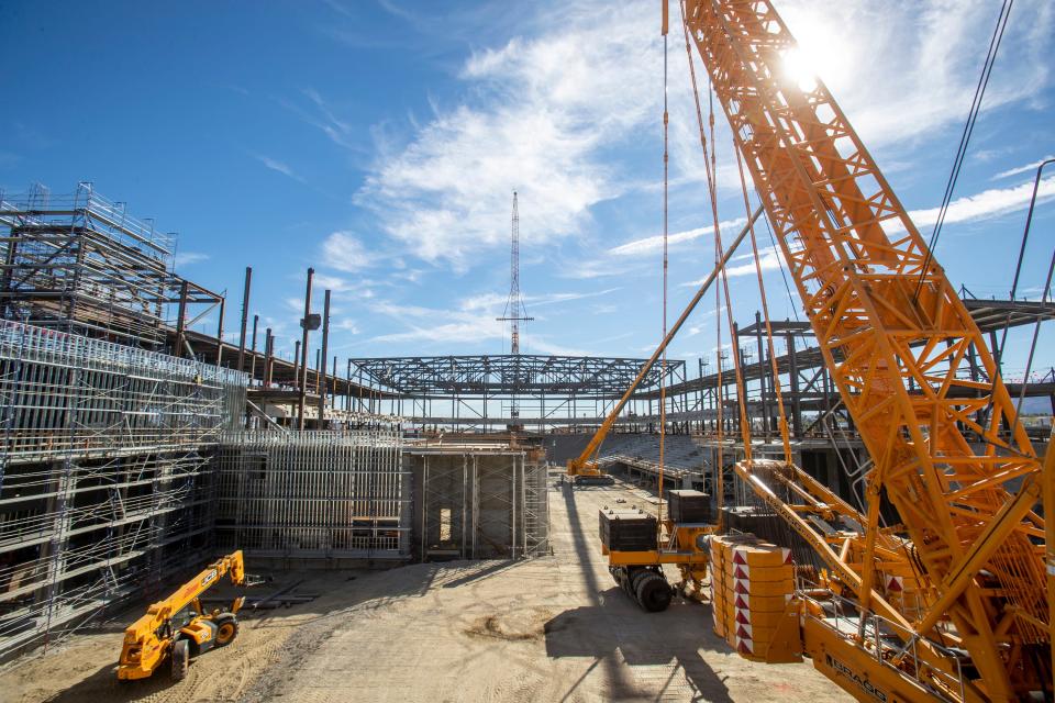 Some of the roof trusses for the new Acrisure Arena sports and entertainment facility are in place near Palm Desert, Calif., on Wednesday, Jan. 26, 2022.