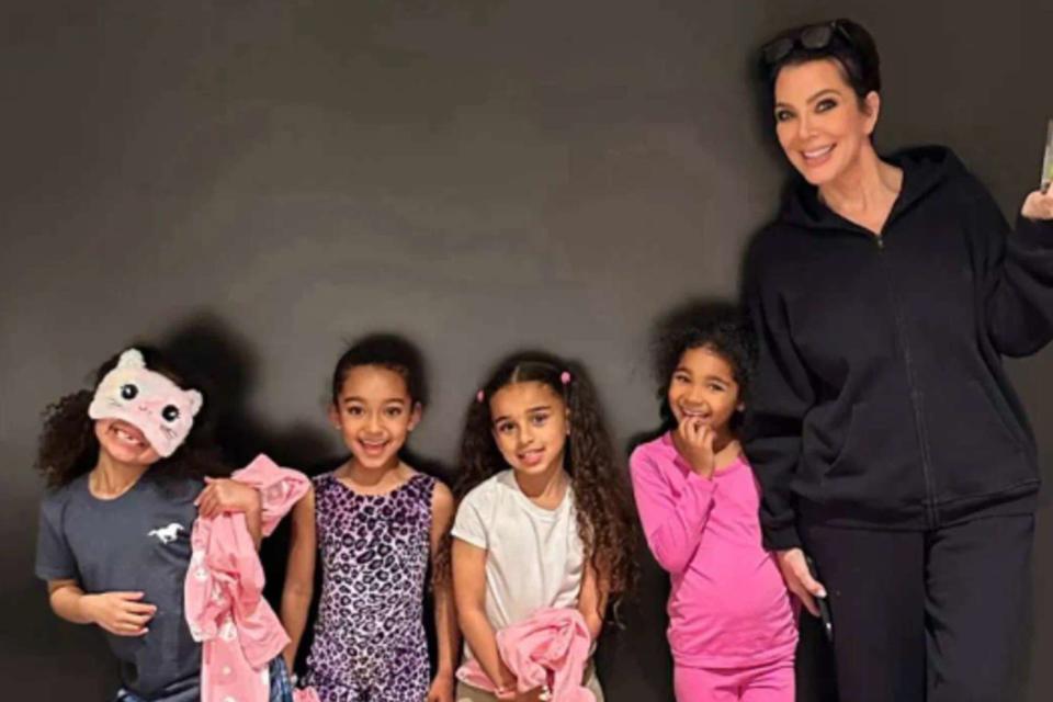 <p>Khloe Kardashian/Instagram</p> Kris Jenner poses with Stormi, Chicago, Dream and True