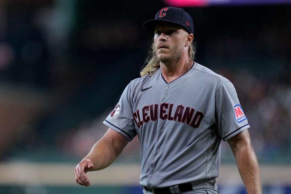 Cleveland Guardians starting pitcher Noah Syndergaard walks to the dugout after the first inning of a baseball game against the Houston Astros, Monday, July 31, 2023, in Houston. (AP Photo/Kevin M. Cox)