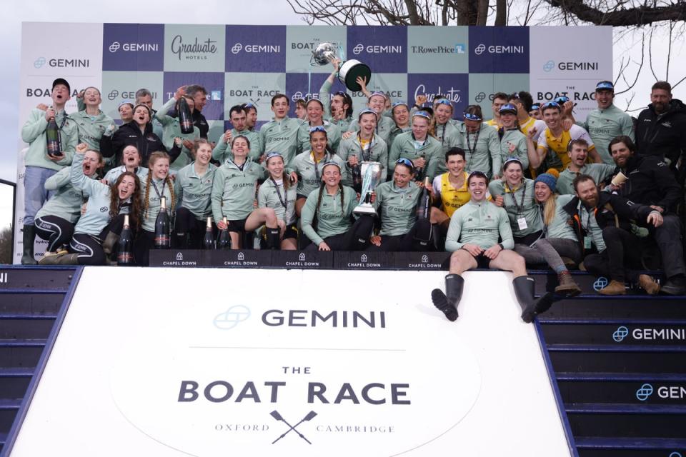 The Cambridge men’s and women’s crews celebrate Boat Race victory (Steven Paston/PA) (PA Wire)