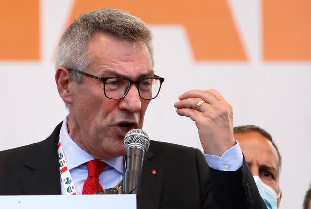 ROME, ITALY - OCTOBER 16,2021: Italian Secretary-General of the Italian General Confederation of Labour (CGIL), Maurizio Landini, during an anti-fascist rally at San Giovanni square in Rome (Photo credit should read Marco Ravagli/Barcroft Media via Getty Images) (Photo: Barcroft Media via Getty Images)