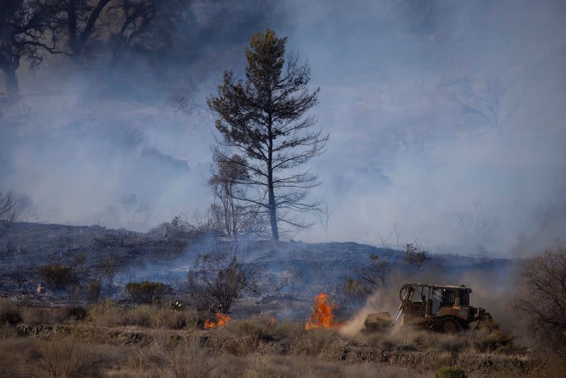 A firefighting bulldozer battles the Bond Fire wildfire near Lake Irvine in Orange County, California