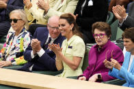 Kate, Princess of Wales sits in the Royal Box with tennis legends Billie Jean King, second right, Martina Navratilova and AELTC chairman Ian Hewitt ahead of the final of the women's singles between the Czech Republic's Marketa Vondrousova and Tunisia's Ons Jabeur on day thirteen of the Wimbledon tennis championships in London, Saturday, July 15, 2023. (AP Photo/Kirsty Wigglesworth)
