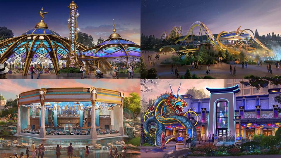 Renderings of Celestial Park attractions and dining at Epic Universe