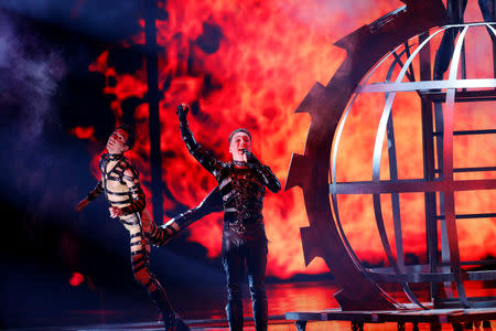 Participant Hatari of Iceland performs during the Grand Final of the 2019 Eurovision Song Contest in Tel Aviv, Israel May 18, 2019. REUTERS/Ronen Zvulun