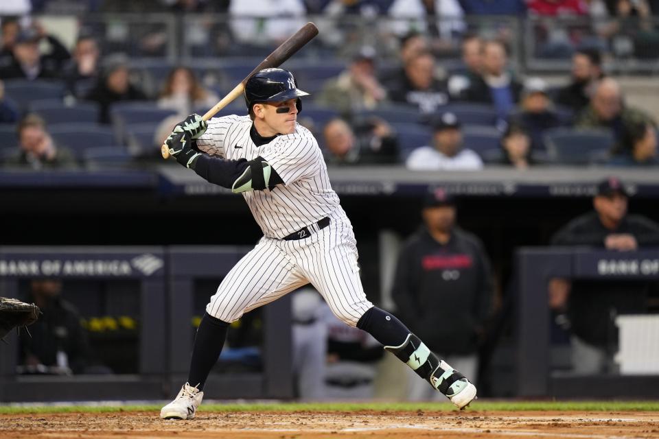 sNew York Yankees' Harrison Bader takes his turn at bat during the second inning of a baseball game against the Cleveland Guardians Tuesday, May 2, 2023, in New York. (AP Photo/Frank Franklin II)