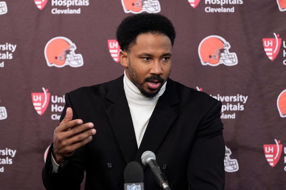 Cleveland Browns defensive end Myles Garrett speaks during a news conference after their loss against the Houston Texans in an NFL wild-card playoff football game Saturday, Jan. 13, 2024, in Houston. (AP Photo/David J. Phillip)