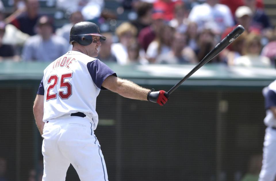 May 6, 2002; Cleveland, OH, USA; Cleveland Indians designated hitter Jim Thome (25) bats at at Jacobs Field.