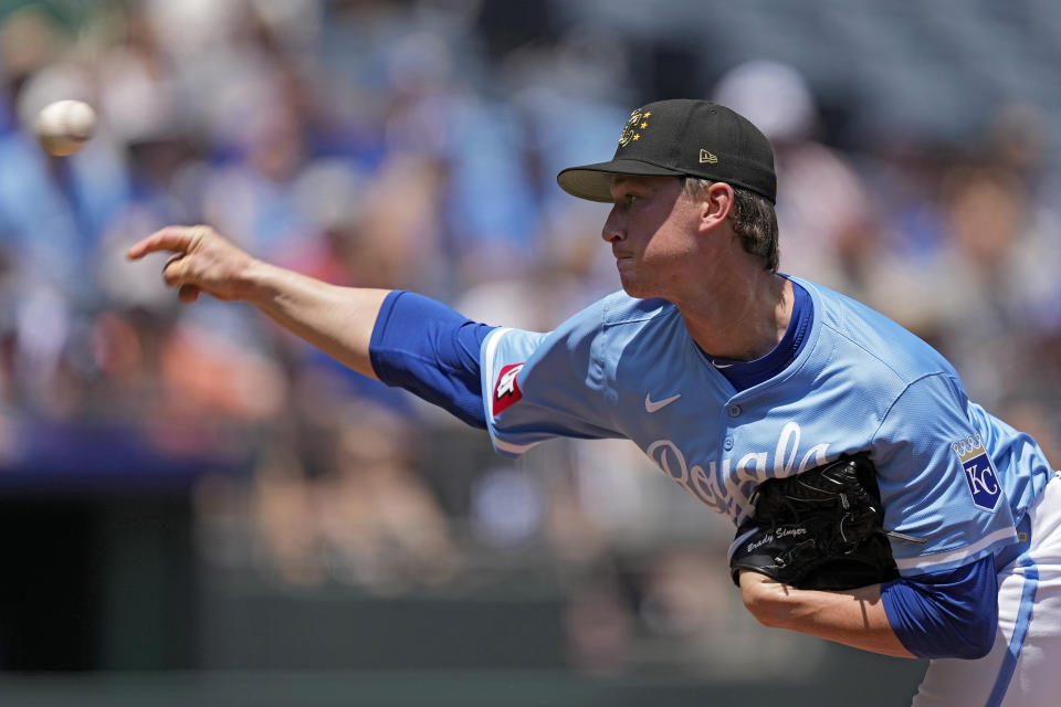 Kansas City Royals starting pitcher Brady Singer throws during the first inning of a baseball game against the Oakland Athletics Sunday, May 19, 2024, in Kansas City, Mo. (AP Photo/Charlie Riedel)