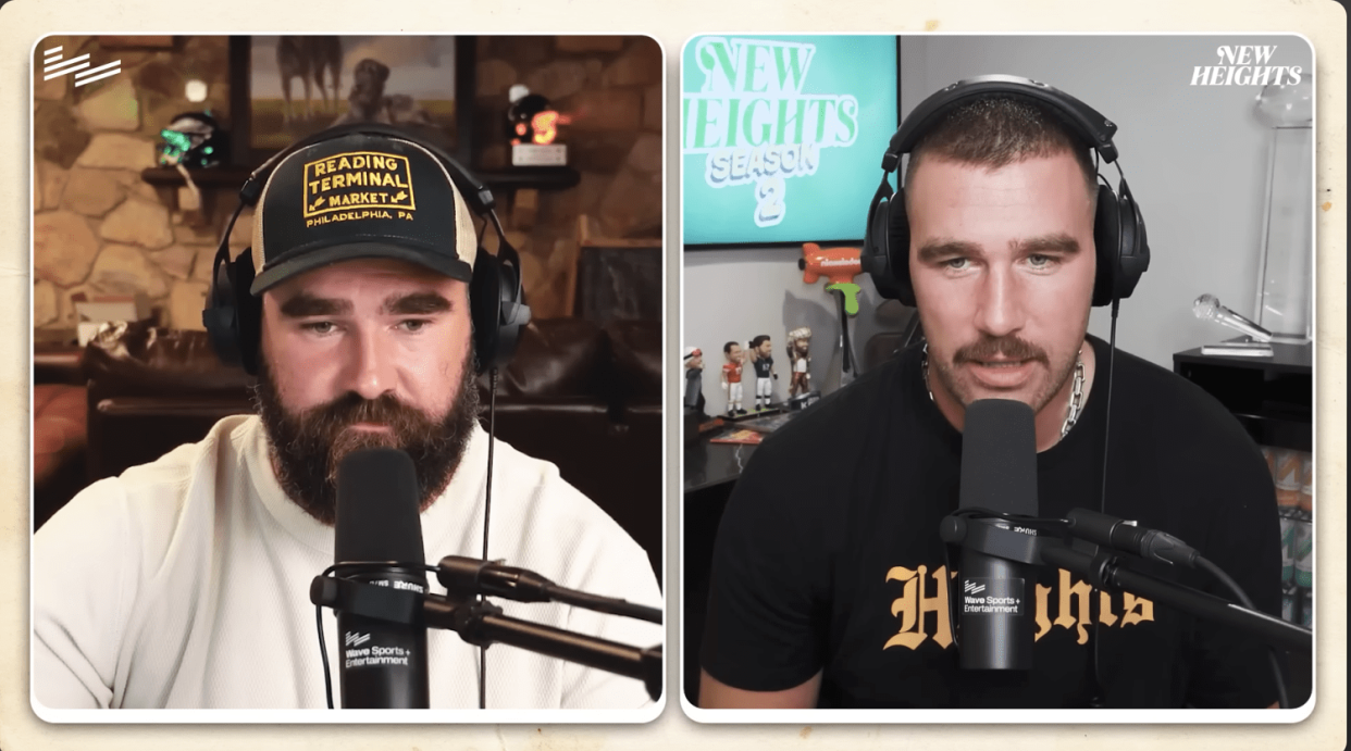 Travis and Jason Kelce discuss the tight end's mustache and mention Taylor Swift. (YouTube)