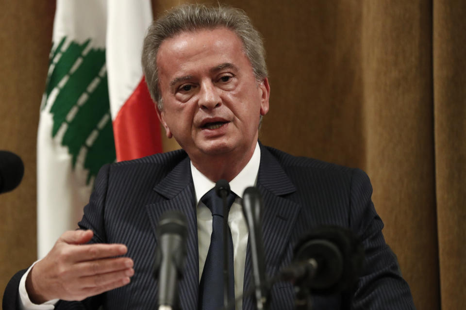 FILE - Riad Salameh, the governor of Lebanon's Central Bank, speaks during a press conference, in Beirut, Lebanon, Nov. 11, 2019. Lebanese caretaker Justice Minister Henry Khoury said on Wednesday, Jan. 11, 2023 a European judicial delegation from France, Germany, and Luxembourg have started to arrive in Lebanon as they continue probing Central Bank Governor Riad Salameh and affiliates over corruption allegations. (AP Photo/Hussein Malla, File)