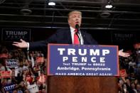 Republican U.S. presidential nominee Donald Trump speaks at a campaign rally in Ambridge, Pennsylvania, October 10, 2016. REUTERS/Mike Segar