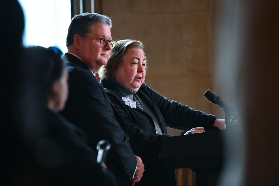New York Sen. Peter Harckham, left, announced his support of a bill to legalize marijuana sponsored by Sen. Liz Krueger, center, during a news conference at the state Capitol on Jan. 23, 2020.