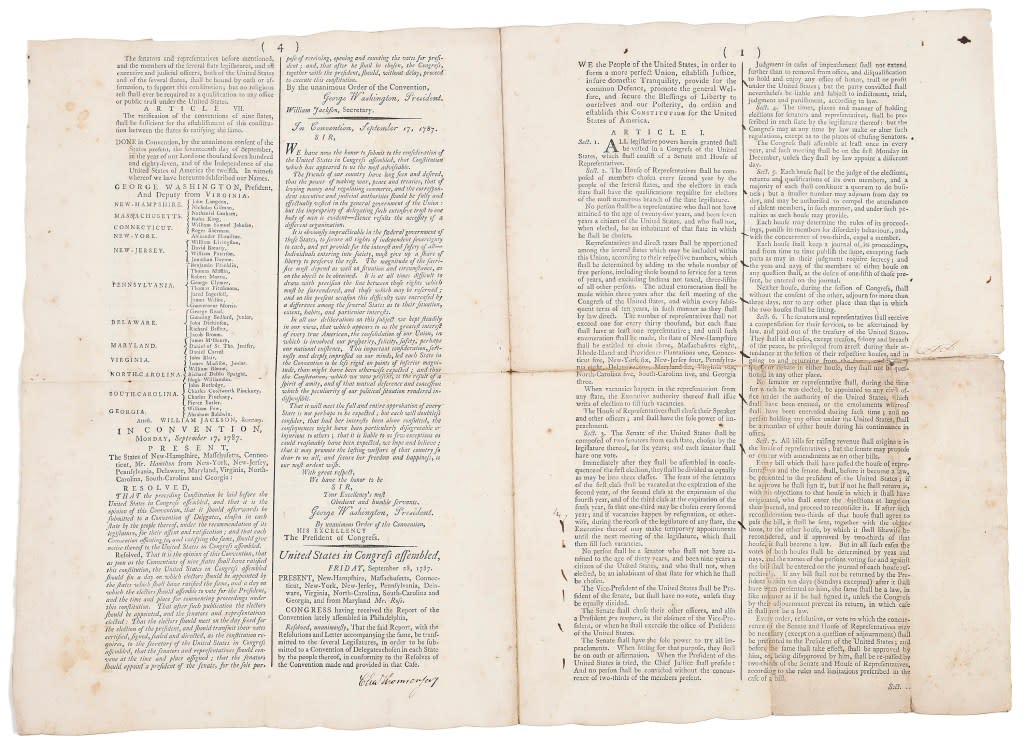 A 1787 copy of the U.S. Constitution that will be put up for auction on Sept. 28 at Bruck Auctions in Asheville, North Carolina. AP