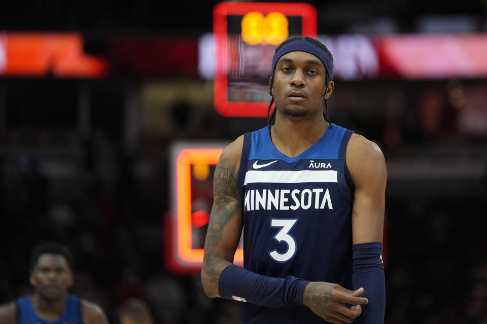 Minnesota Timberwolves forward Jaden McDaniels leaves the court after the team's overtime loss to the Chicago Bulls in an NBA basketball game Tuesday, Feb. 6, 2024, in Chicago. (AP Photo/Erin Hooley)