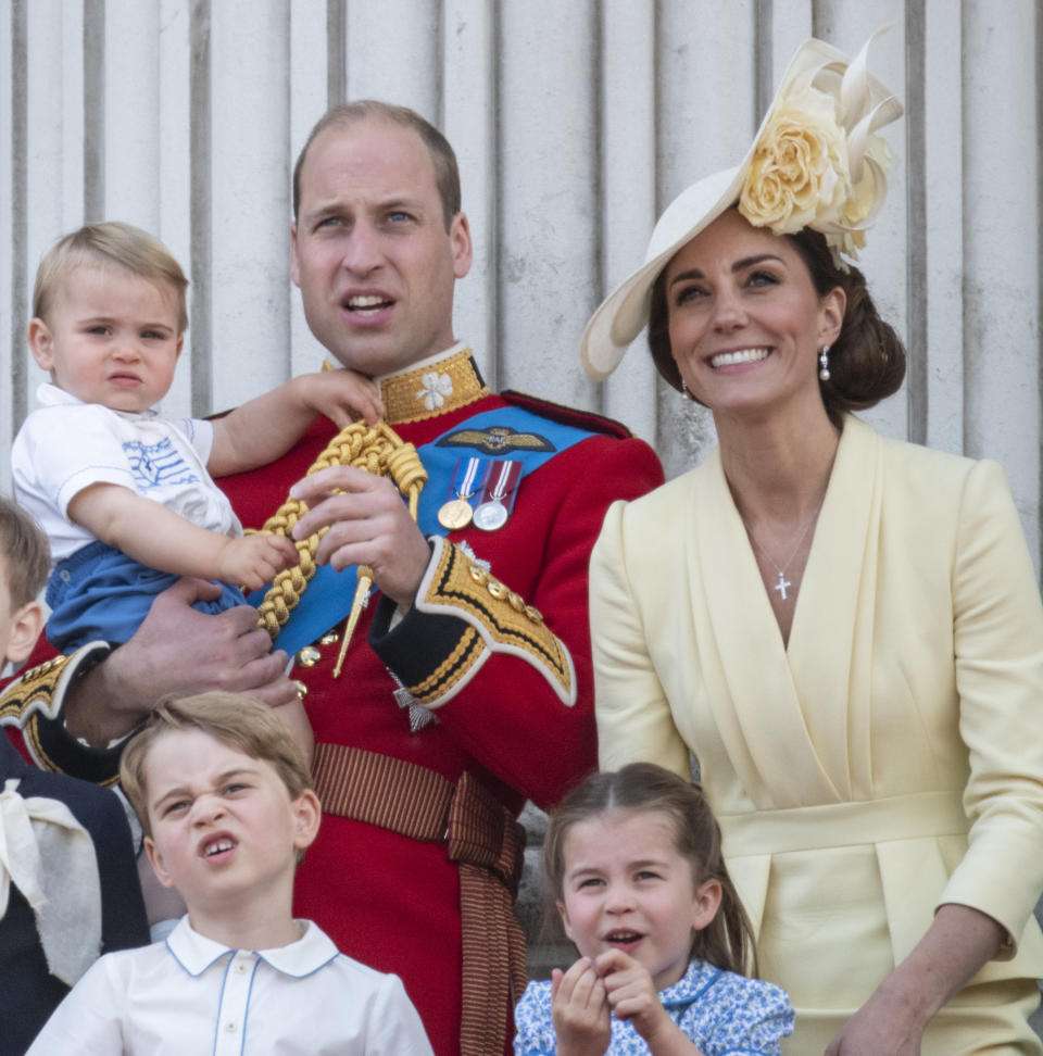 LONDON, ENGLAND - JUNE 08: Prince William, Duke of Cambridge with Catherine, Duchess of Cambridge, Princess Charlotte of Cambridge, Prince George of Cambridge and Prince Louis of Cambridge during Trooping The Colour, the Queen's annual birthday parade, on June 8, 2019 in London, England. (Photo by Mark Cuthbert/UK Press via Getty Images)