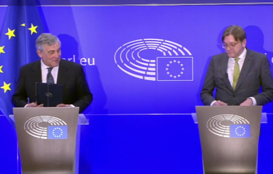 Mr Verhofstadt (right) and Antonio Tajani, the European Parliament's president, gave a joint statement in Brussels (EbS)