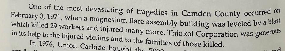 The only line in the Camden County, Georgia, history book that references the tragedy on Feb. 3, 1971, at Thiokol.