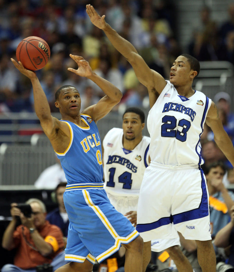 Before both players went on to stardom in the NBA, UCLA's Russell Westbrook battled Memphis' Derrick Rose during the Final Four in 2008. (Photo by Ron T. Ennis/Fort Worth Star-Telegram/MCT via Getty Images)